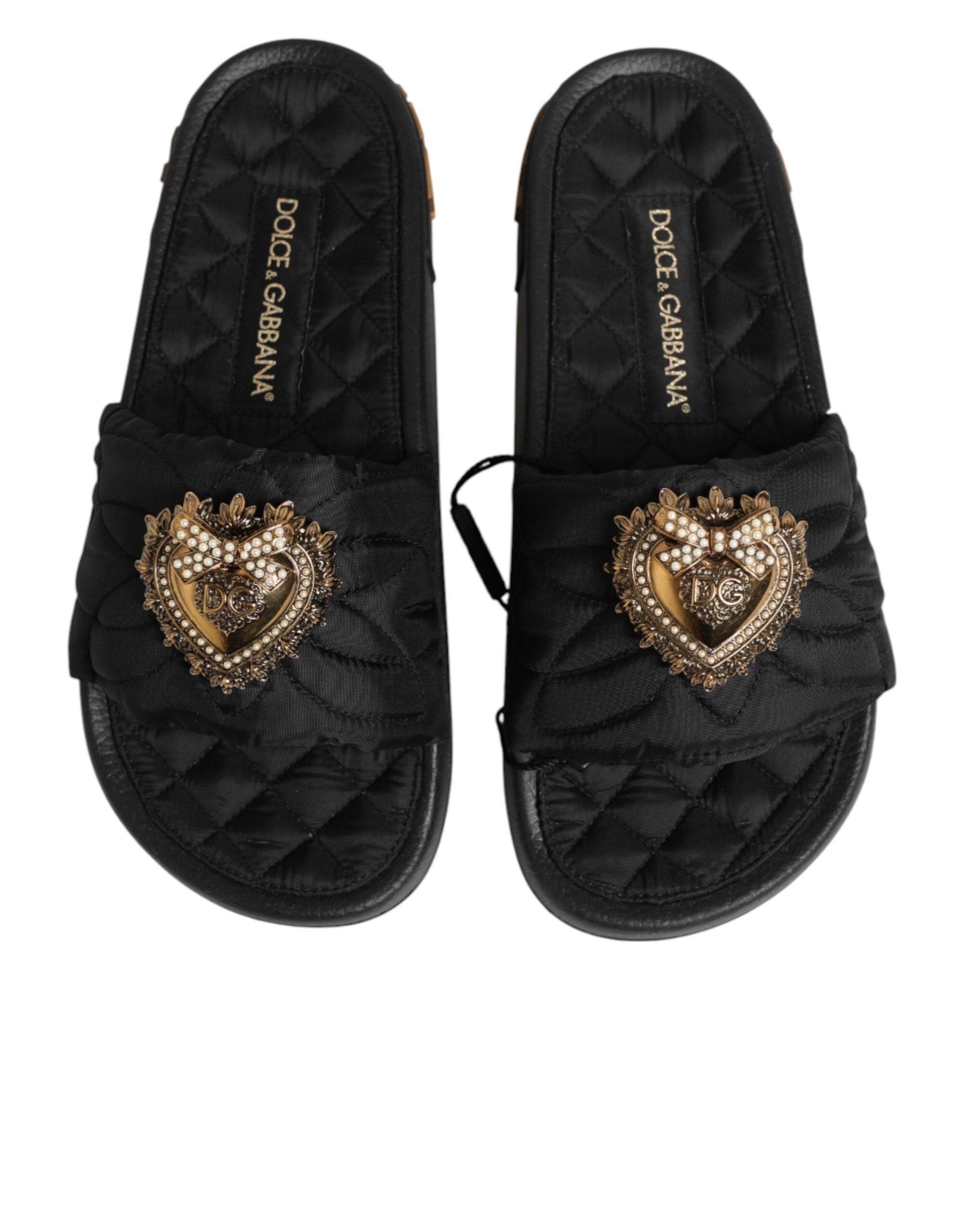 Dolce & Gabbana Dolce & Gabbana Black Devotion Matelassé Leather Slides Women's Shoes