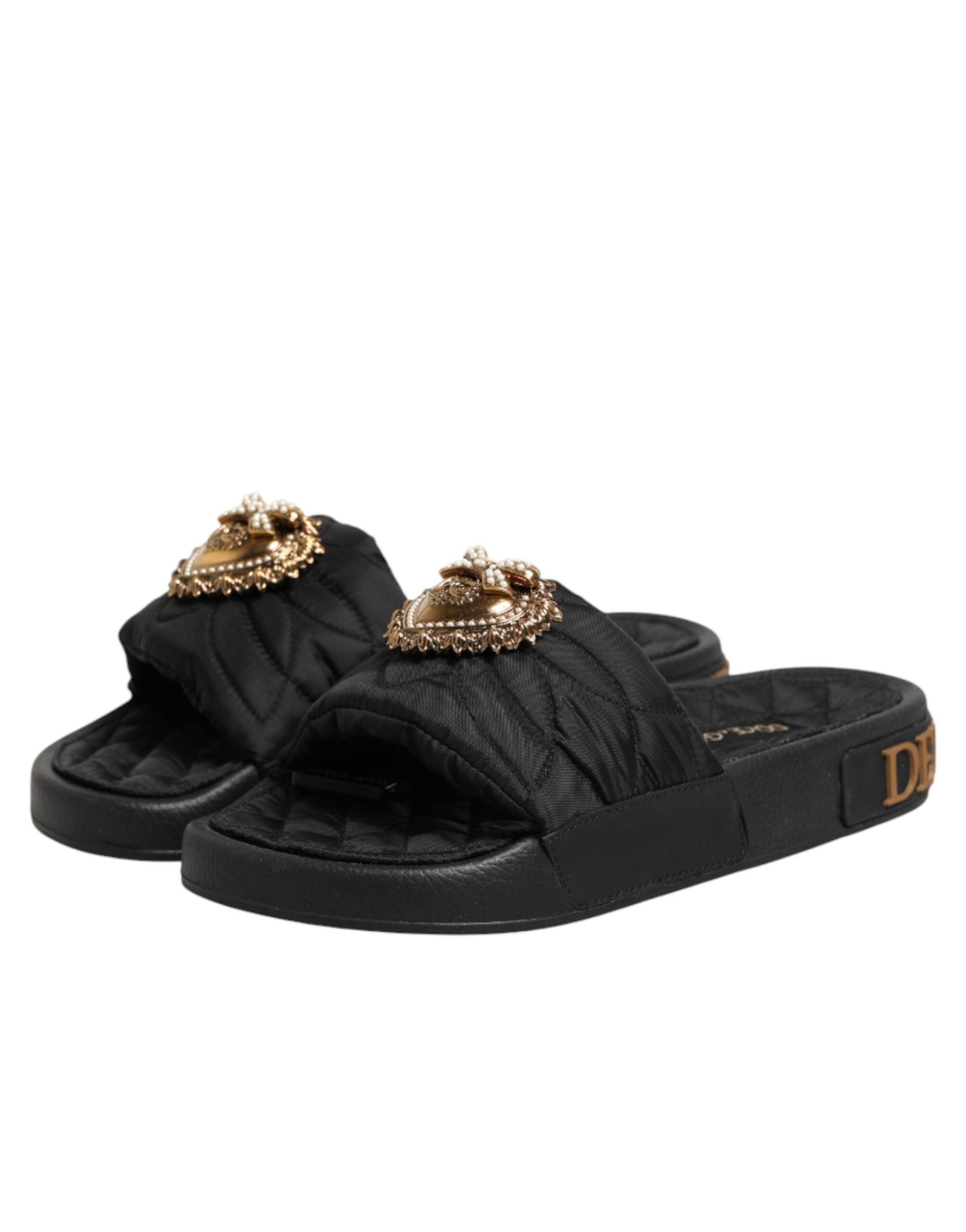 Dolce & Gabbana Dolce & Gabbana Black Devotion Matelassé Leather Slides Women's Shoes