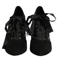 Dolce & Gabbana Black Floral High Heels LACE-UPS Pumps Women's Shoes