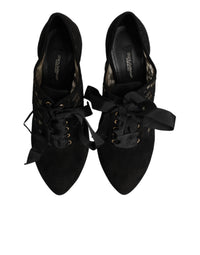 Dolce & Gabbana Black Floral High Heels LACE-UPS Pumps Women's Shoes