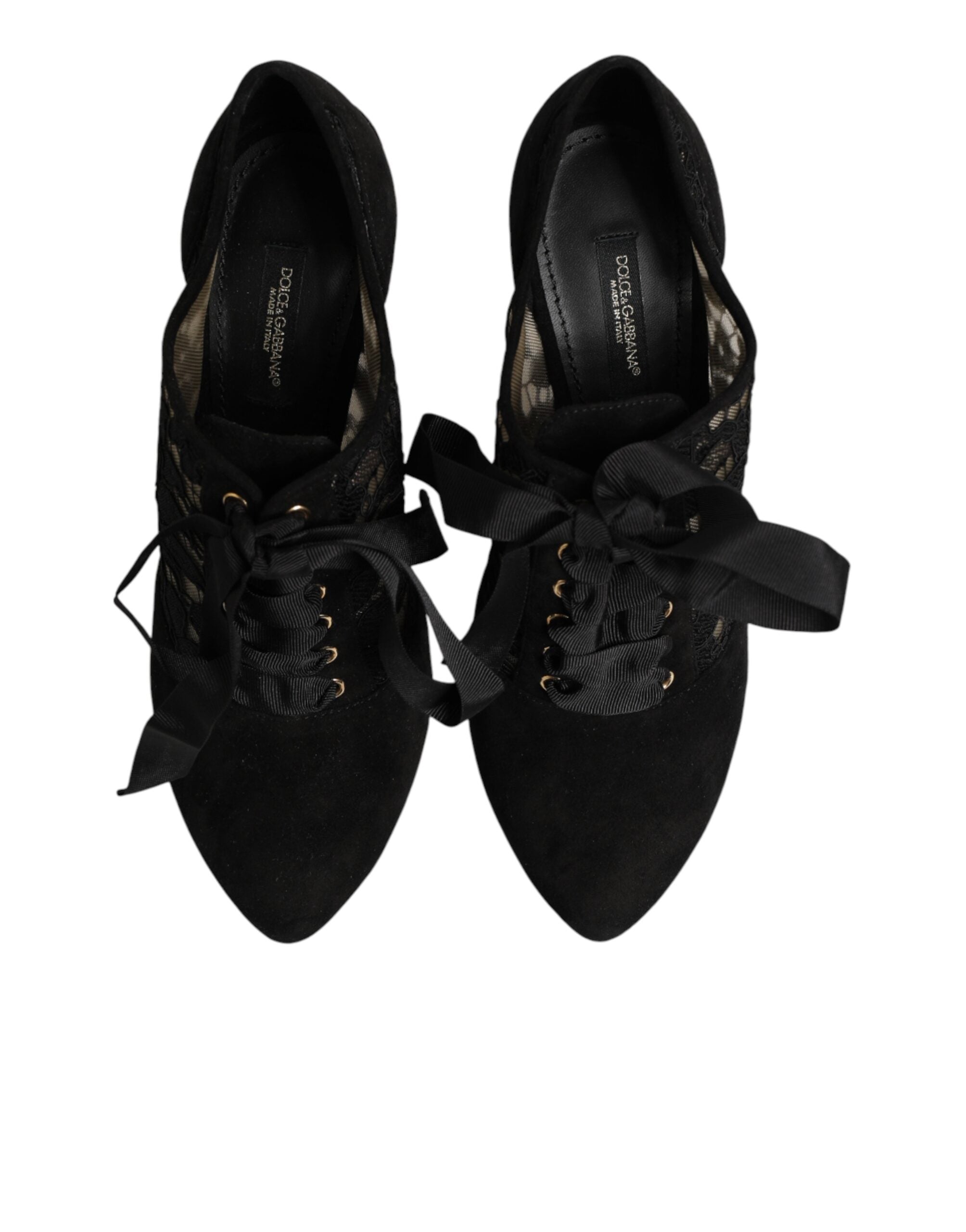 Dolce & Gabbana Black Floral High Heels LACE-UPS Pumps Women's Shoes