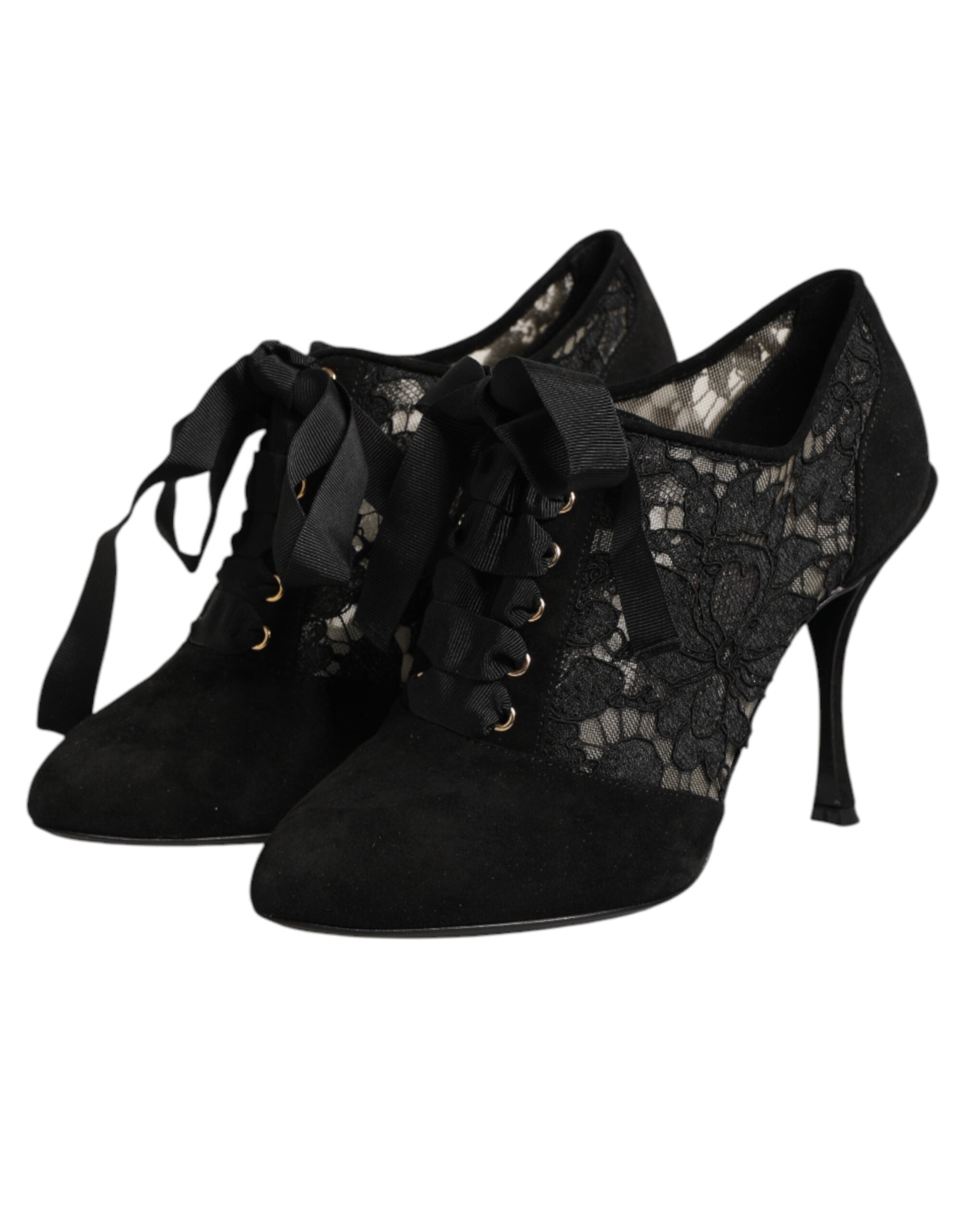 Dolce & Gabbana Black Floral High Heels LACE-UPS Pumps Women's Shoes