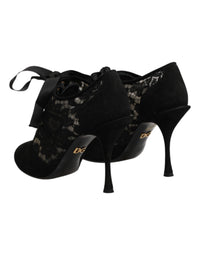 Dolce & Gabbana Black Floral High Heels LACE-UPS Pumps Women's Shoes