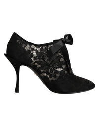 Dolce & Gabbana Black Floral High Heels LACE-UPS Pumps Women's Shoes