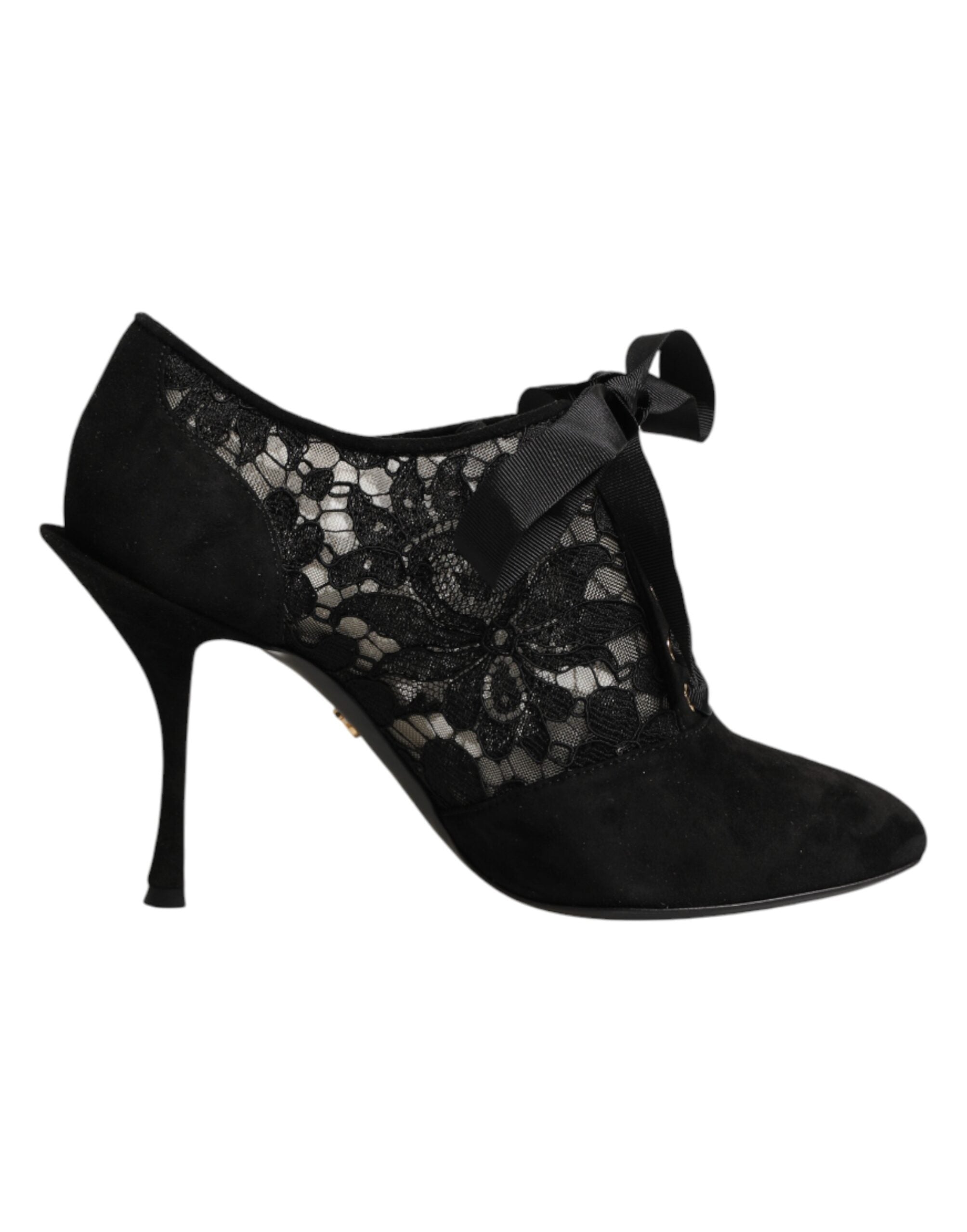 Dolce & Gabbana Black Floral High Heels LACE-UPS Pumps Women's Shoes