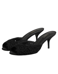 Dolce & Gabbana Dolce & Gabbana Black Embroidered Slip On Heels Slides Women's Shoes