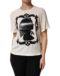 Dolce & Gabbana Dolce & Gabbana Cream Silk Silhouette Detail Short Sleeve Women's Top