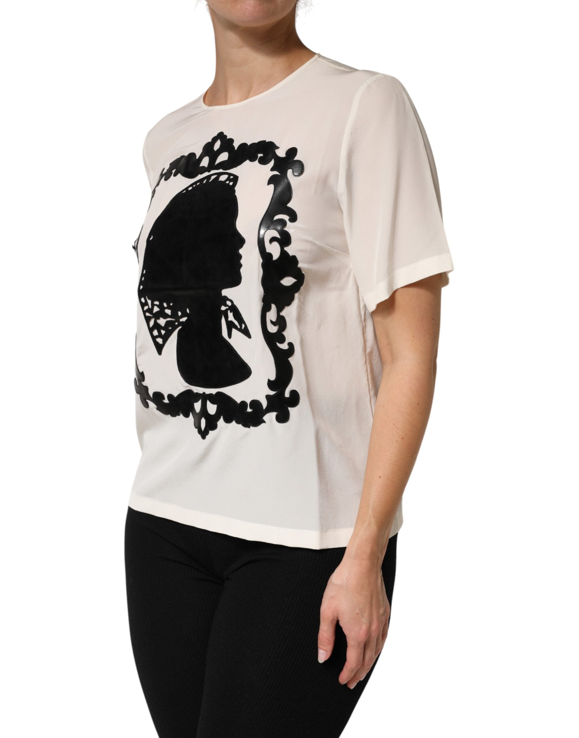 Dolce & Gabbana Dolce & Gabbana Cream Silk Silhouette Detail Short Sleeve Women's Top