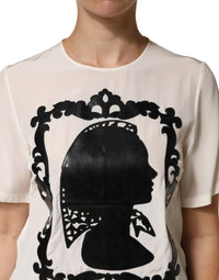 Dolce & Gabbana Dolce & Gabbana Cream Silk Silhouette Detail Short Sleeve Women's Top
