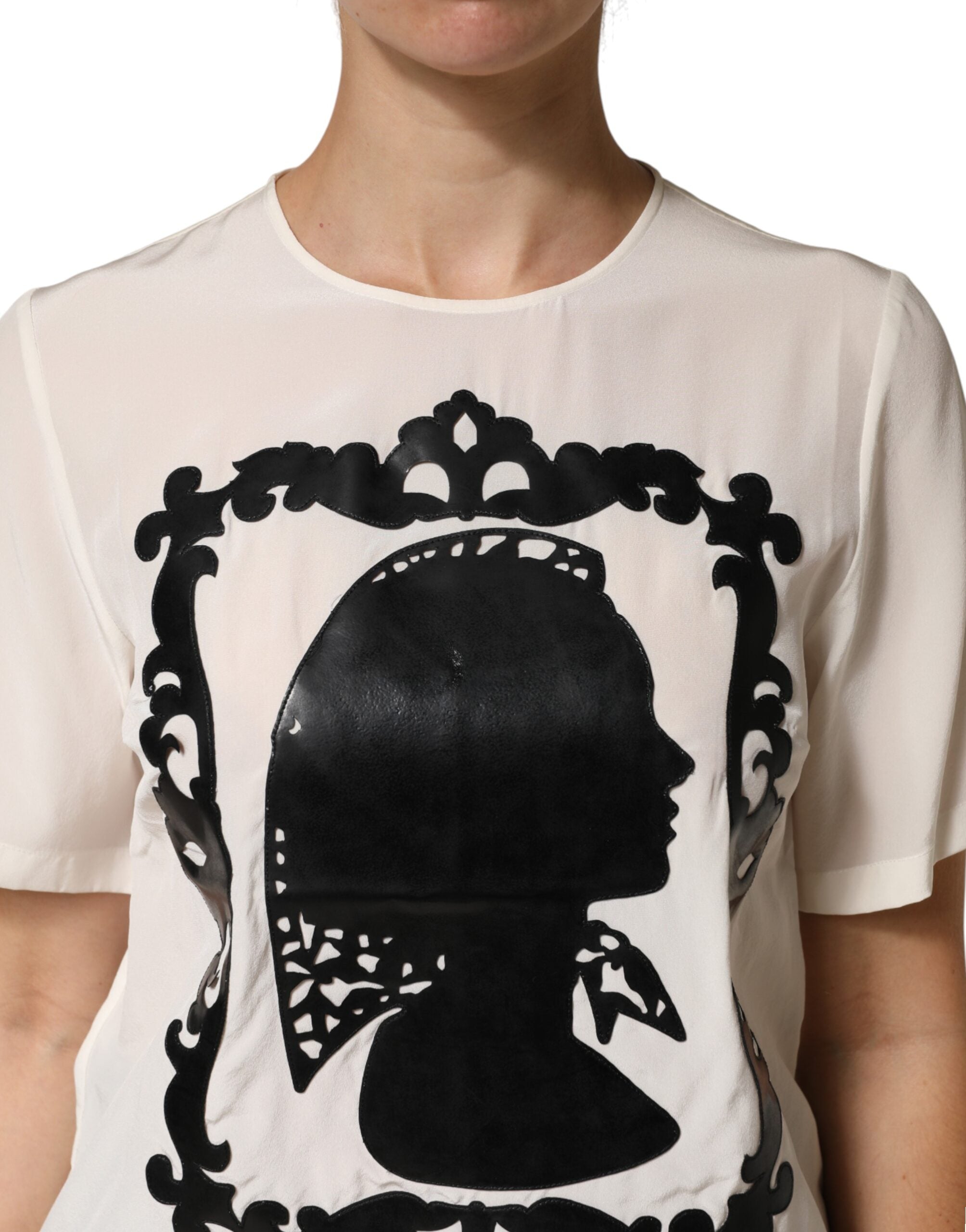 Dolce & Gabbana Dolce & Gabbana Cream Silk Silhouette Detail Short Sleeve Women's Top