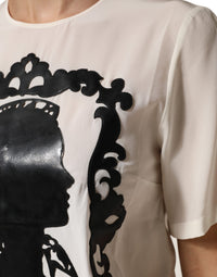 Dolce & Gabbana Dolce & Gabbana Cream Silk Silhouette Detail Short Sleeve Women's Top