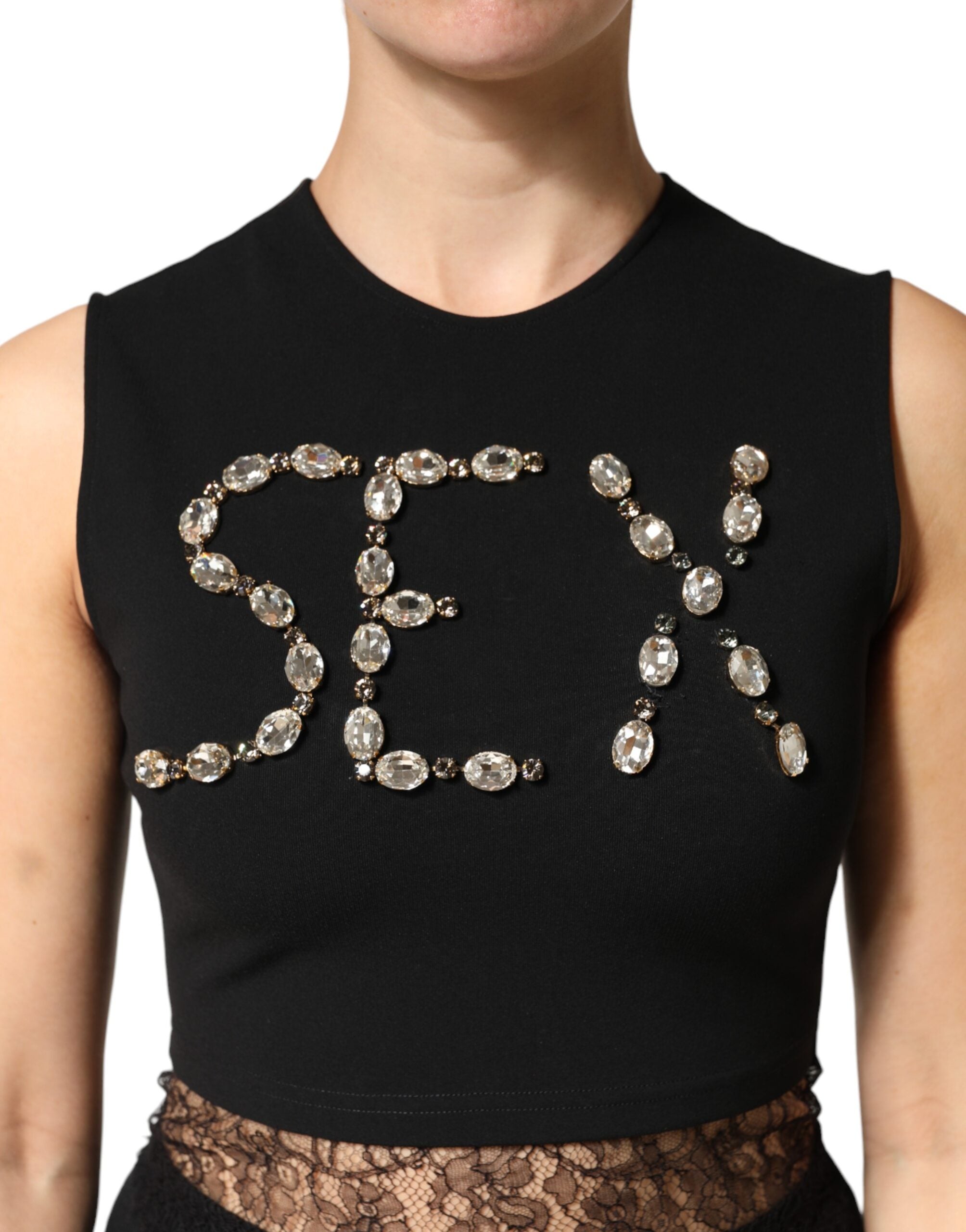 Dolce & Gabbana Black Jersey Lace Ruching Rhinestone Tank Women's Top