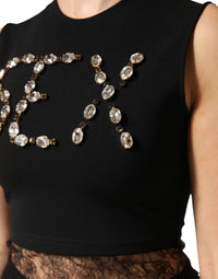 Dolce & Gabbana Black Jersey Lace Ruching Rhinestone Tank Women's Top