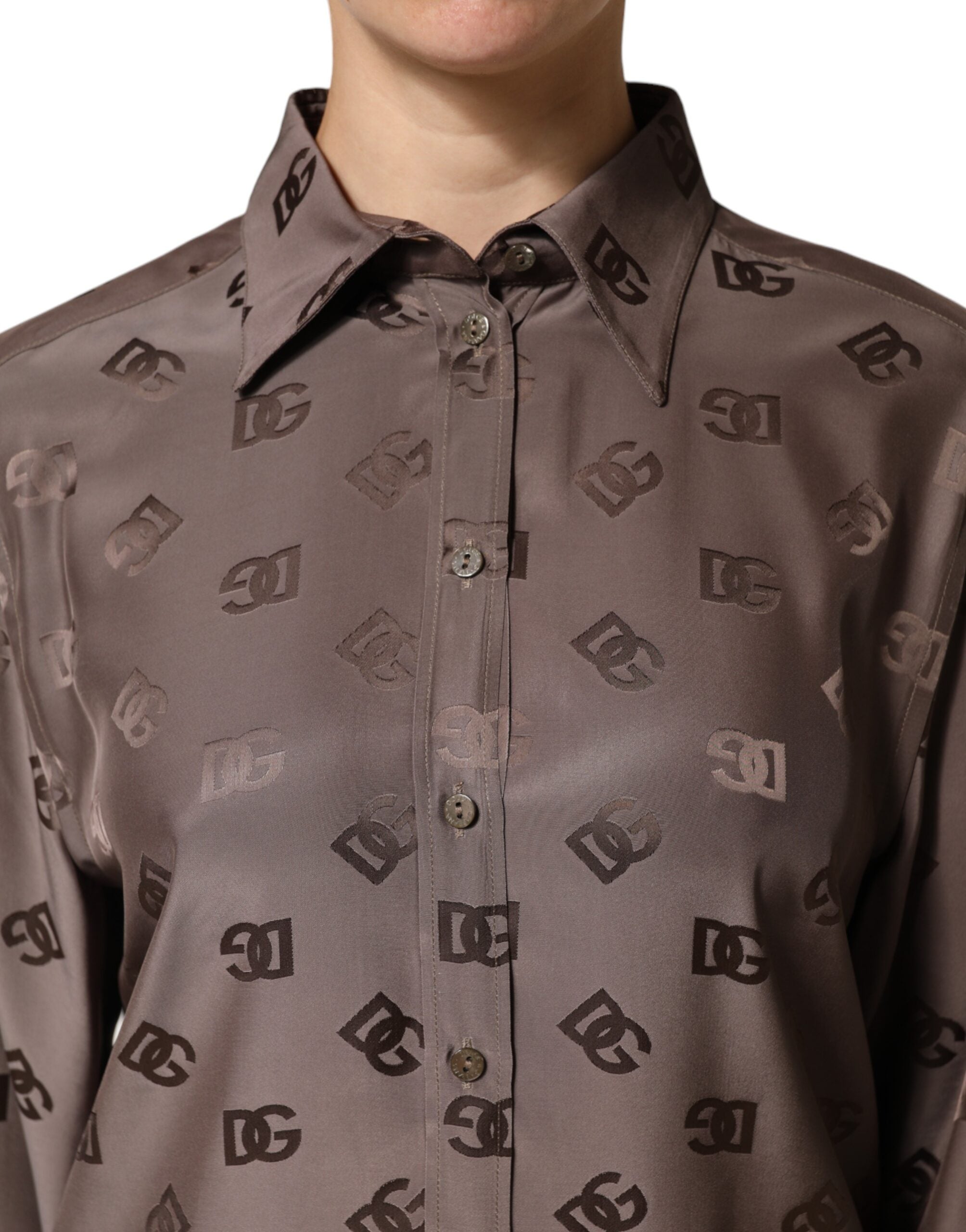 Dolce & Gabbana Brown Collared Long Sleeves Logo Shirt Women's Top