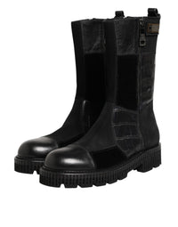 Dolce & Gabbana Black Patchwork Leather Mid Calf Boot Men's Shoes