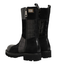 Dolce & Gabbana Black Patchwork Leather Mid Calf Boot Men's Shoes
