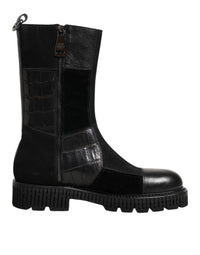 Dolce & Gabbana Black Patchwork Leather Mid Calf Boot Men's Shoes