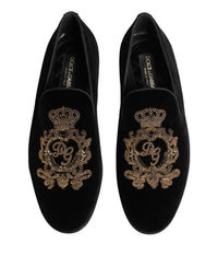 Dolce & Gabbana Black Velvet Gold Crown Mens Loafers Men's Shoes