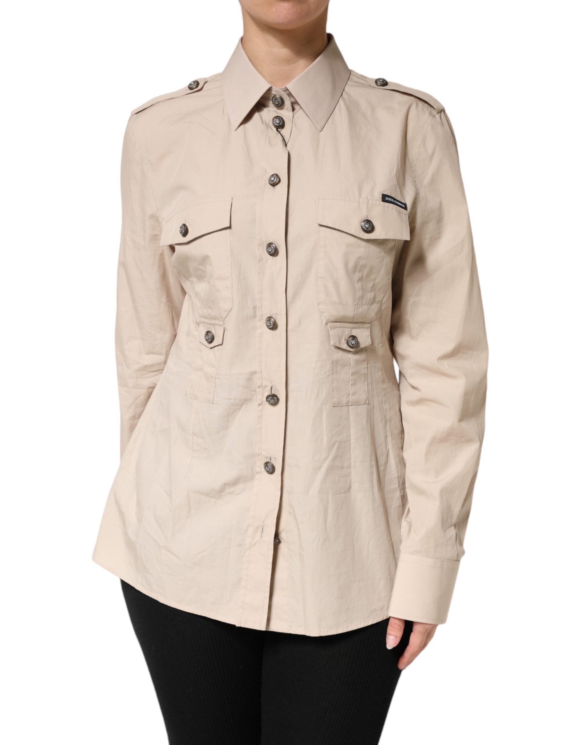 Dolce & Gabbana Beige Collared Long Sleeve Cotton Shirt Women's Top