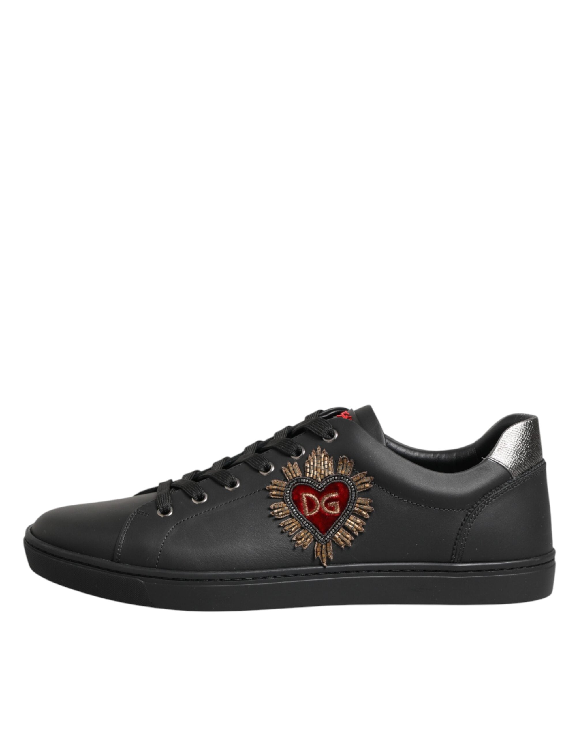 Dolce & Gabbana Black Leather Heart Embellished Sneakers Men's Shoes