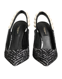 Dolce & Gabbana White Black Chevron Faux Pearl Slingbacks Women's Shoes
