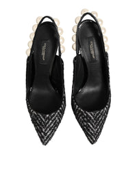 Dolce & Gabbana White Black Chevron Faux Pearl Slingbacks Women's Shoes