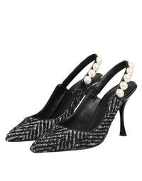 Dolce & Gabbana White Black Chevron Faux Pearl Slingbacks Women's Shoes