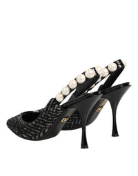 Dolce & Gabbana White Black Chevron Faux Pearl Slingbacks Women's Shoes