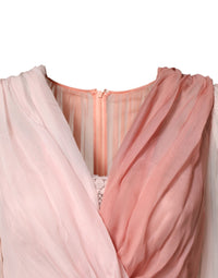 Dolce & Gabbana Pink Silk Tulle Long Sleeve V-neck Women's Dress