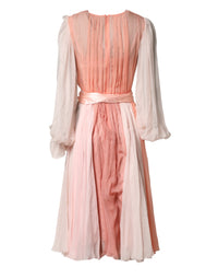 Dolce & Gabbana Pink Silk Tulle Long Sleeve V-neck Women's Dress