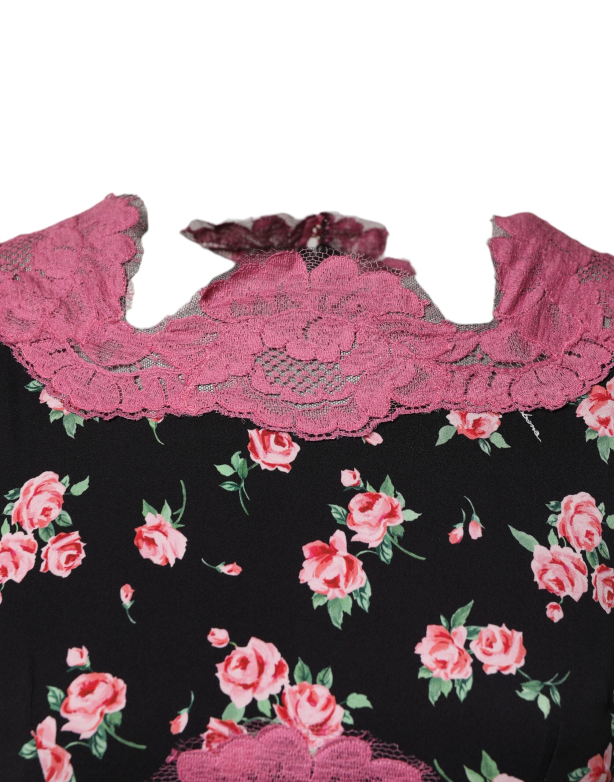 Dolce & Gabbana Black Pink Floral Lace Silk Sheath Women's Dress