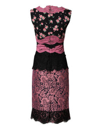 Dolce & Gabbana Black Pink Floral Lace Silk Sheath Women's Dress