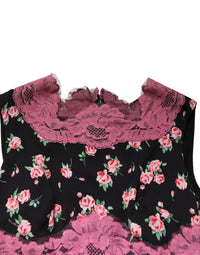 Dolce & Gabbana Black Pink Floral Lace Silk Sheath Women's Dress