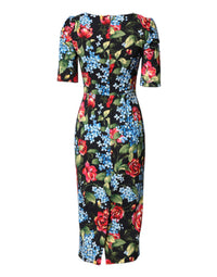 Dolce & Gabbana Black Floral Print Viscose Sheath Midi Women's Dress