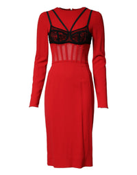 Dolce & Gabbana Black Red Contrasting Bra Cady Midi Women's Dress