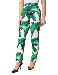 Dolce & Gabbana White Green Leaf High Waist Trousers Women's Pants
