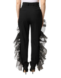 Dolce & Gabbana Black High Waist Tulle Wool Trouser Women's Pants