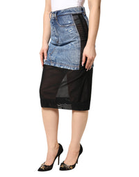 Dolce & Gabbana Blue Black Cotton Denim Sheer Midi Women's Skirt