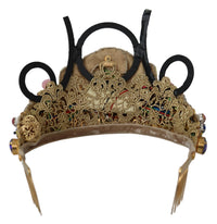 Dolce & Gabbana Gold-Tone Crown with Rhinestones Fabric Flowers and Crystals