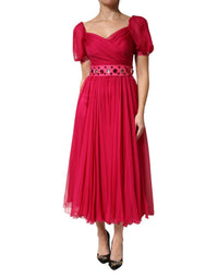 Dolce & Gabbana Pink Silk Embellished A-line Midi Women's Dress