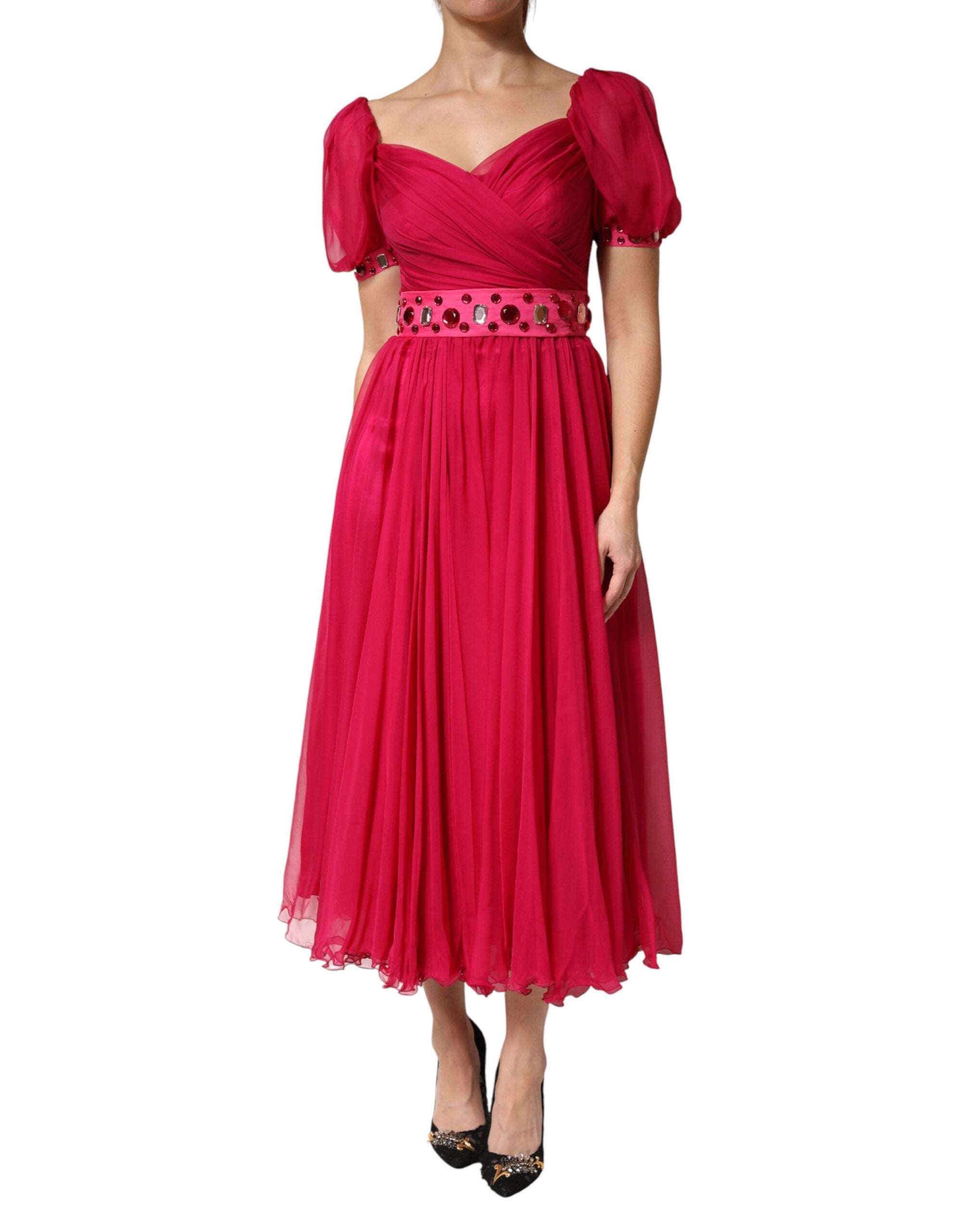 Dolce & Gabbana Pink Silk Embellished A-line Midi Women's Dress