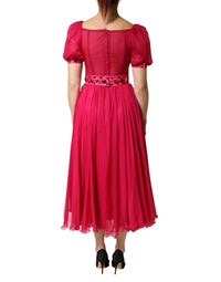 Dolce & Gabbana Pink Silk Embellished A-line Midi Women's Dress