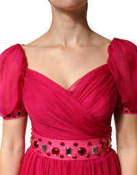 Dolce & Gabbana Pink Silk Embellished A-line Midi Women's Dress