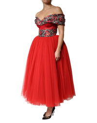 Dolce & Gabbana Red Floral Off Shoulder A-line Gown Women's Dress