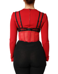 Dolce & Gabbana Red Black Nylon Bralette-Style Cropped Women's Top