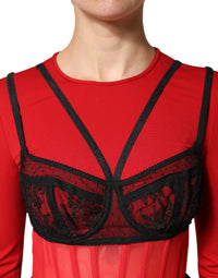 Dolce & Gabbana Red Black Nylon Bralette-Style Cropped Women's Top