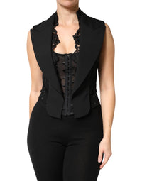 Dolce & Gabbana Dolce & Gabbana Black Lace V-neck Slit Hem Gathered Waist Vest Women's Jacket