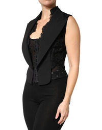 Dolce & Gabbana Dolce & Gabbana Black Lace V-neck Slit Hem Gathered Waist Vest Women's Jacket