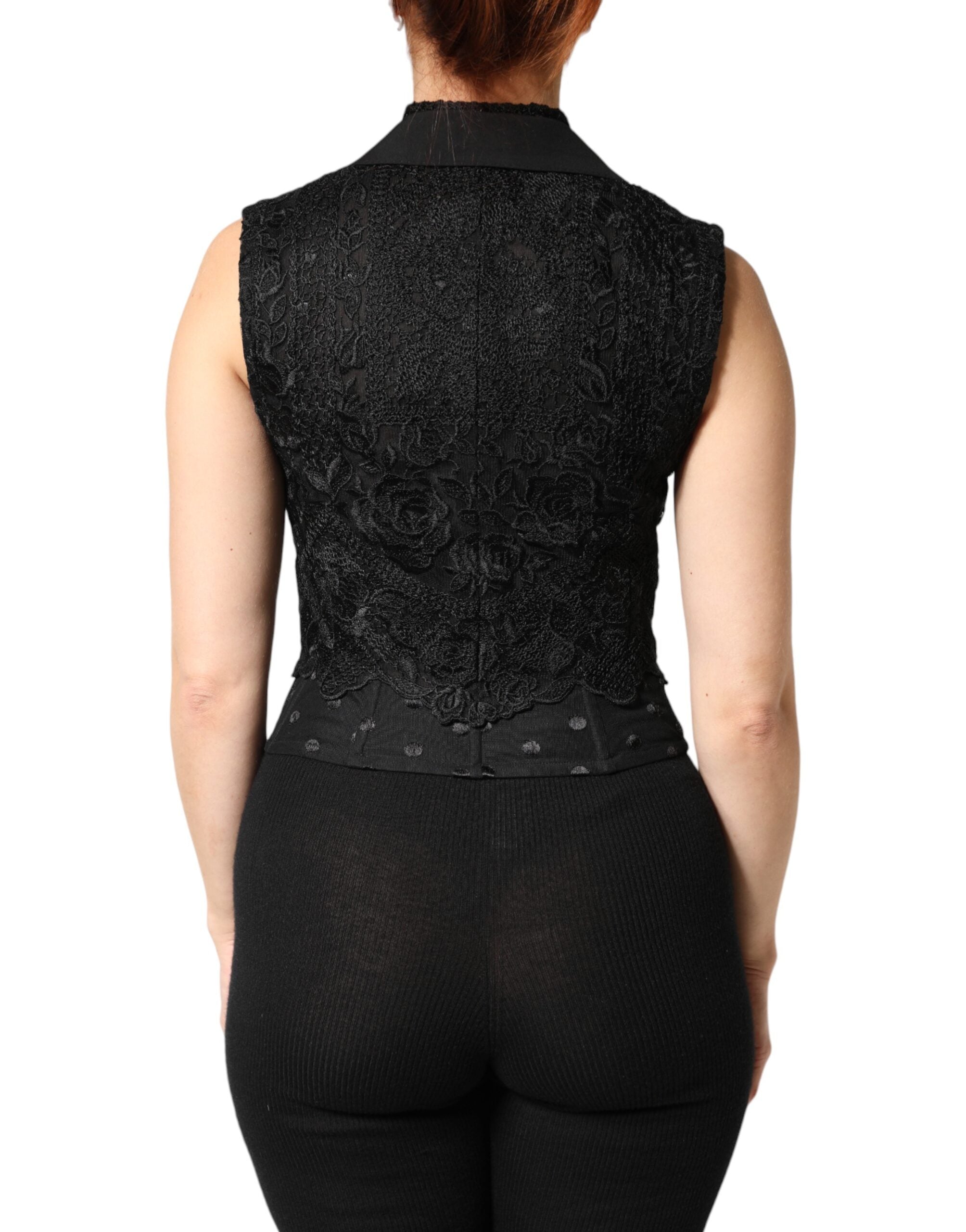 Dolce & Gabbana Dolce & Gabbana Black Lace V-neck Slit Hem Gathered Waist Vest Women's Jacket