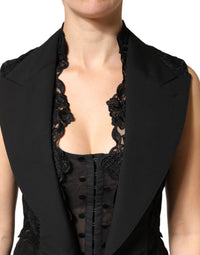 Dolce & Gabbana Dolce & Gabbana Black Lace V-neck Slit Hem Gathered Waist Vest Women's Jacket